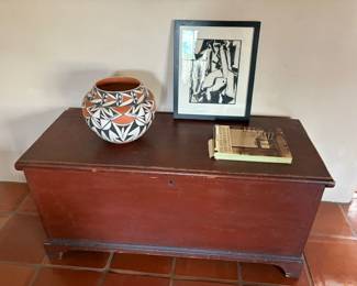 Mt Lebanon Shaker blanket chest, ca 1830, with original paint; Lucy Lewis (Acoma 1890 - 1992) pot (SOLD), 9 1/2" H, 11 1/2" D, Stephen S. Pace (American 1918 - 2010) abstract watercolor, 1956