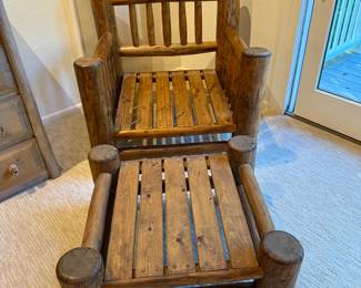 A custom made Lodge Pole Pine lounge chair and ottoman. Custom made by James Gilbert Colorado. 