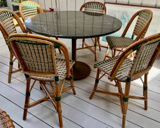 A set of 6 French style Fouquet bistro chairs. Large marble top circular table.