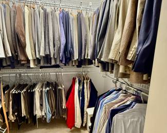 A fine collection of men’s jackets and pants from Cuffs of Chagrin Falls much in the way of fine Italian makes, medium size 38. 