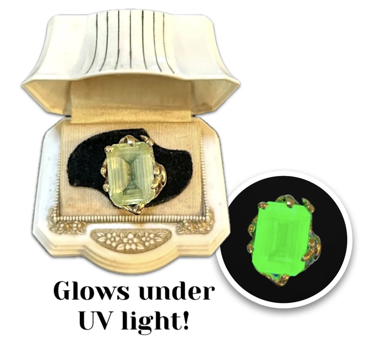  001 14k Gold Vintage Uranium Glass Ring 17.35g