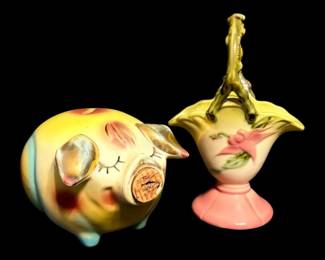  008 1957 Hull Pottery Piggy Bank and Floral Basket
