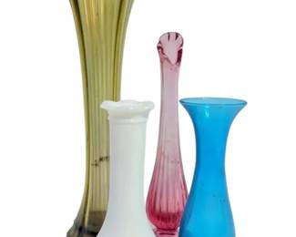Green Carnival Glass Swung Vase And Bud Vases