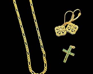 14k Gold Chainlink Necklace, Dangle Earrings, Cross Pendant 9.11g Total