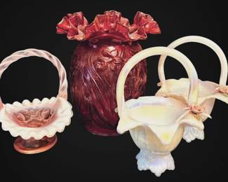 Cranberry Fenton Daffodil Vase, Pink Opalescent Basket, And Matching Iridescent Milk Glass Baskets