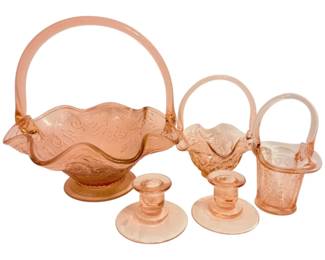 Large Pink Indiana Glass Basket, Small Fenton Baskets, And Candle Holders