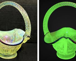  003 Fenton Iridescent Topaz Uranium Winged Glass Basket, Ebony Crest