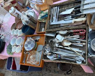 Sets of dishes, silverware, knives, serving ware. Lots from Michael Aram!