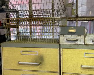 Vintage Industrial Metal baskets, metal bins, metal cabinets