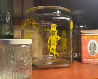 Vintage Planters Peanuts Jar and collectibles, Burma Shave Jar, Antique Tobacco Tins