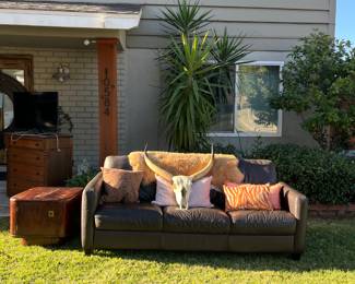 Leather sofa, furs, MCM vintage side table / night stand