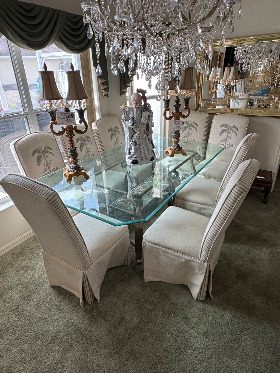 GLASS TOP DINING TABLE WITH 6 FABRIC CHAIRS
