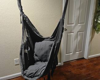 Dark grey Boho hammock. All hardware included -just recently taken down to sell. Comes with two pillows as shown and ready to sit and swing.  Like new condition.
