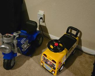 Toddler toy time! These are motorized and barely used. Bus has four wheels and sings songs and ABCs-and the motorized motorbike has three wheels and pedal that makes it go. Both are in excellent condition!