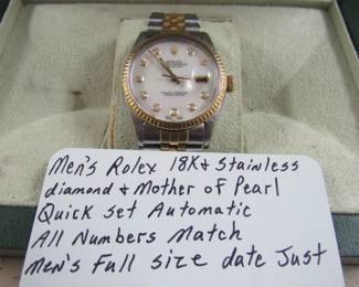 Men's Rolex 18K & Stainless Watch - Diamond & Mother of Pearl - Quick Set Automatic - All Numbers Match - Men's Full Size - Date Just
