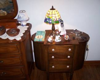MARTHA WASHINGTON SEWING CABINET & LEADED LAMP