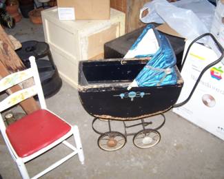 OLD TOY DOLL CARRIAGE & KID'S CHAIR