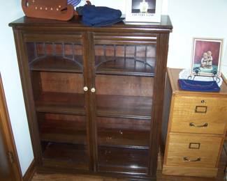 GLASS-DOOR BOOKCASE & OAK 2-DRAWER FILE