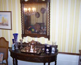 1920s OAK CONSOLE & MIRROR, TEASET & VASES
