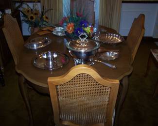 OVAL DINING TABLE--HAS 6 CHAIRS & 2 LEAVES, MORE SILVER-PLATE