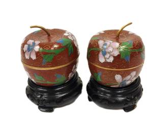 PAIR OF SMALL LIDDED CLOISONNE APPLE FORM BOXES ON WOODEN STAND