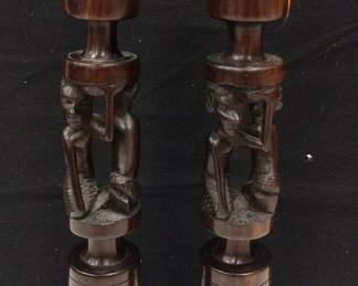 CARVED ROSEWOOD CANDLE HOLDERS WITH AFRICAN FIGURES
