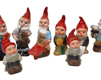 EIGHT VINTAGE WEST GERMAN PLASTIC GARDEN GNOMES