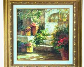 Very Large Impasto/Palette Knife Painting (54 x 54) of  Sulit Terrace with Flowers by Terosi