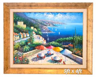 Very Large Coastal Town with Cafe Terrace Painting (5ft x 4ft)  by Augustino