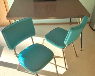 MCM Dining Laminated Table with Turquoise Vinyl Chairs