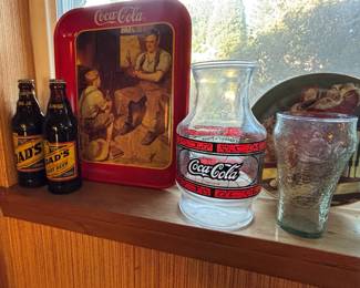 1950s Dad's Old Fashioned Root Beer Bottle, 1970s Coca Cola Godfather's Pizza Pitcher