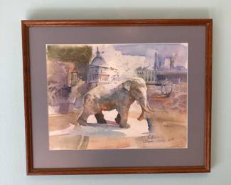 Framed & Matted Elephant Watercolor Painting by Deanne Lemley