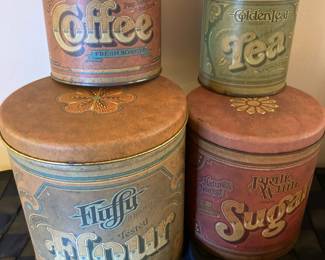 1970s Sunshine Coffee Tin, 1970s Golden Leaf Tea Tin, 1970s Fluffy Flour Tin, 1970s Brite White Sugar Tin