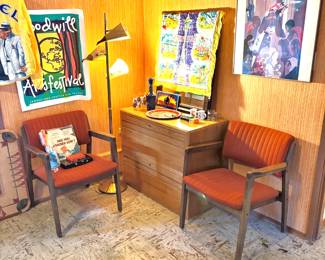 1990 Goodwill Arts Festival Poster, Pair of Mid Century Stout Chair Co. Orange Upholstered Arm Chairs, Mid Century Gooseneck Floor Lamp, Jacob Lawrence Seattle Art Museum Exhibition Poster