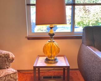 Mid Century Amber Yellow Glass & Brass Table Lamp