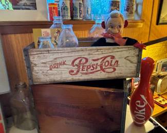 Vintage Rubber Face Monkey Plush, Circa 1940s Pepsi Cola Crate, Circa 1950s Coca Cola Refrigerator Box, Coca Cola Bowling Pin