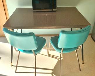 MCM Dining Laminated Table with Turquoise Vinyl Chairs