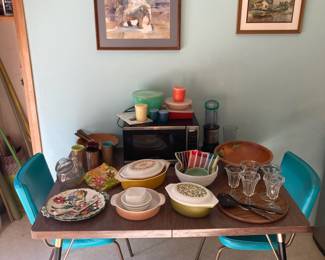 MCM Dining Laminated Table with Teal Vinyl Chairs