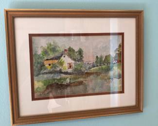 Framed & Matted Cottage by the Water Watercolor Painting by H. Clane