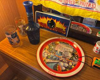 Pair of 1980s Star Wars Burger King Glasses, Dick Tracy Crime Stopper License Plate, 1982 Worlds Fair Coca Cola Tin Tray