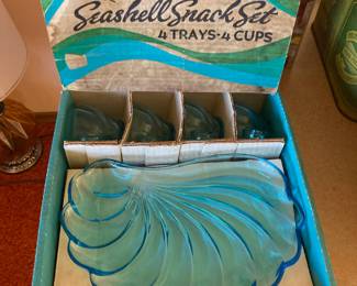 1950s Hazel Atlas Aqua Blue Capri Seashell Snack Plates & Cups