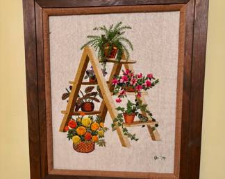 Framed Sunset Stitchery Plant Ladder Crewel Embroidery