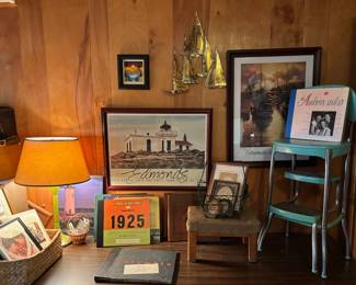 Framed 1992 Edmonds Arts Festival Poster, Framed 2014 Edmonds Arts Festival Poster, Circa 1950s Turquoise Cosco Step Stool, Assortment of Vinyl Records, Brass Sailing Ships Wall Art