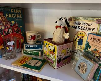 1950 The Great Big Fire Engine Book, 1960s Snoopy & Woodstock Glass Mug, 1950s Peanuts Charlie Brown Mini Puzzles, 1966 Snoopy Jack in the Box Toy, Mad about Madeline : The Complete Tales by Ludwig Bemelmans