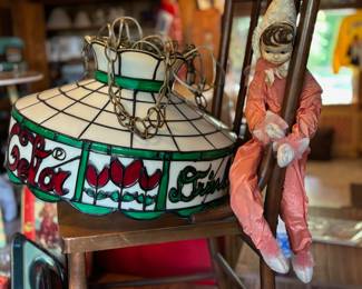 Coca Cola Tiffany Style Plastic Swag Hanging Light, Circa 1950s Pixie Elf Doll