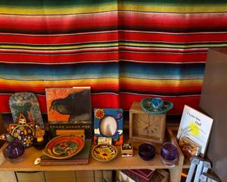 Mexican Folk Art Style Beaded Artwork, The Complete Tales and Poems of Edgar Allan Poe, Talavera Style Pottery Dish, Around the World in Eighty Days by Jules Verne, Mexican Pottery Picture Frame, Mexican Folk Art Style Beaded Gourd Bowl, Mid Century Wooden Mantle Clock