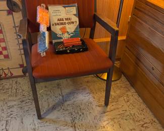 Pair of Mid Century Stout Chair Co. Orange Upholstered Arm Chairs