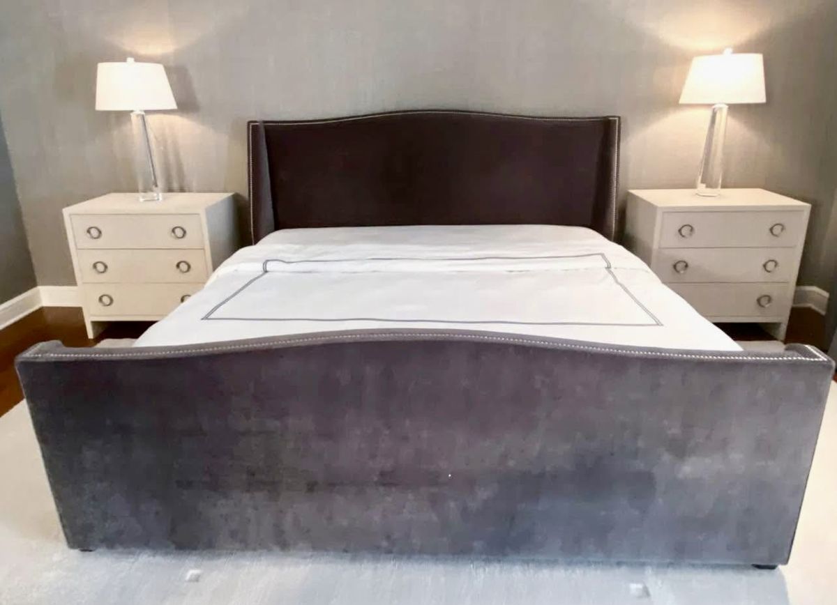 Mitchell Gold King Size Bed Frame, Taupe Velvet Like New $895