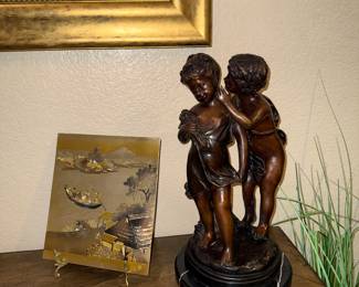 Attr Aguste Moreau sculpture & antique brass etched Chinese artwork 
