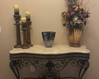 Marble-Top Ornate Wrought Iron Entry / Foyer Console Table
Elegant and sturdy console table featuring an ornate wrought iron base with scrolling detail and a polished marble top. Perfect for an entryway, hallway, or living room accent. Excellent condition — timeless and sophisticated design.